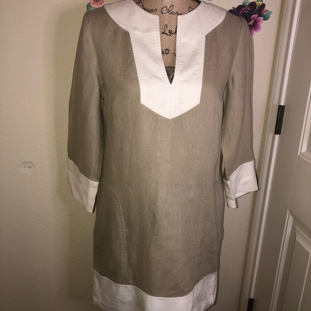 MICHAEL Michael Kors Tan & Cream 100% Linen Dress 3/4 Sleeves with Pockets Sz SP